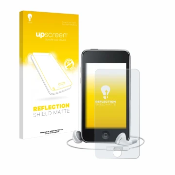 Parte frontale di una confezione del prodotto con il logo del marchio upscreen. Accanto è raffigurato il dispositivo Apple iPo