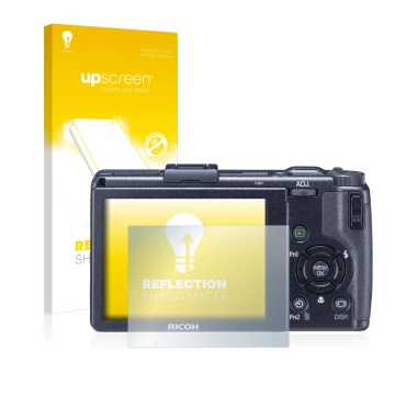 Parte frontale di una confezione del prodotto con il logo del marchio upscreen. Accanto è raffigurato il dispositivo Ricoh GR 