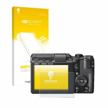 Parte frontale di una confezione del prodotto con il logo del marchio upscreen. Accanto è raffigurato il dispositivo Ricoh GXR
