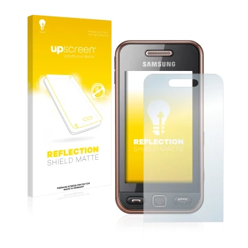 Parte frontale di una confezione del prodotto con il logo del marchio upscreen. Accanto è raffigurato il dispositivo Samsung G