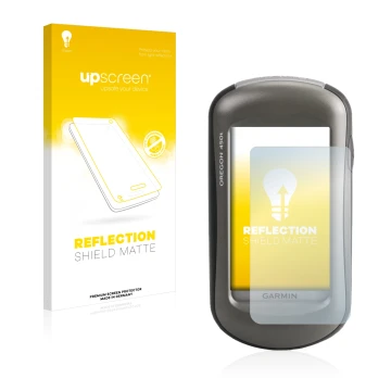 Parte frontale di una confezione del prodotto con il logo del marchio upscreen. Accanto è raffigurato il dispositivo Garmin Or