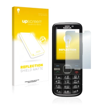 Parte frontale di una confezione del prodotto con il logo del marchio upscreen. Accanto è raffigurato il dispositivo Nokia C5-