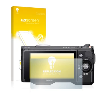 Parte frontale di una confezione del prodotto con il logo del marchio upscreen. Accanto è raffigurato il dispositivo Sony Alph