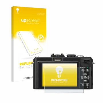 Parte frontale di una confezione del prodotto con il logo del marchio upscreen. Accanto è raffigurato il dispositivo Panasonic