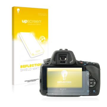 Parte frontale di una confezione del prodotto con il logo del marchio upscreen. Accanto è raffigurato il dispositivo Sony Alph