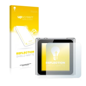 Parte frontale di una confezione del prodotto con il logo del marchio upscreen. Accanto è raffigurato il dispositivo Apple iPo