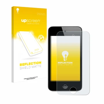 Parte frontale di una confezione del prodotto con il logo del marchio upscreen. Accanto è raffigurato il dispositivo Apple iPo