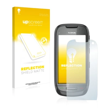 Parte frontale di una confezione del prodotto con il logo del marchio upscreen. Accanto è raffigurato il dispositivo Nokia C7-