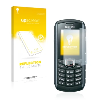 Parte frontale di una confezione del prodotto con il logo del marchio upscreen. Accanto è raffigurato il dispositivo Samsung B