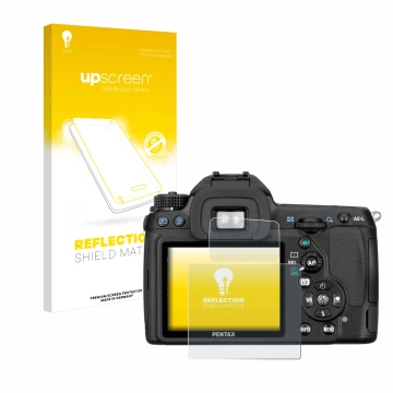 Parte frontale di una confezione del prodotto con il logo del marchio upscreen. Accanto è raffigurato il dispositivo Pentax K5
