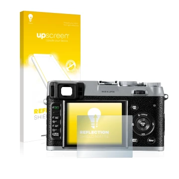 Parte frontale di una confezione del prodotto con il logo del marchio upscreen. Accanto è raffigurato il dispositivo Fujifilm 