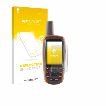 Parte frontale di una confezione del prodotto con il logo del marchio upscreen. Accanto è raffigurato il dispositivo Garmin GP