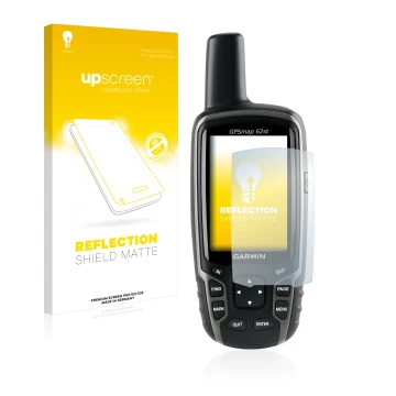 Parte frontale di una confezione del prodotto con il logo del marchio upscreen. Accanto è raffigurato il dispositivo Garmin GP