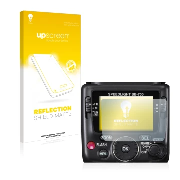 Parte frontale di una confezione del prodotto con il logo del marchio upscreen. Accanto è raffigurato il dispositivo Nikon SB-