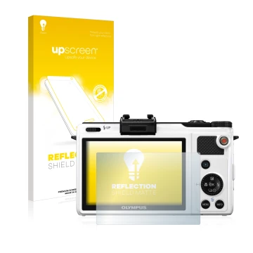 Parte frontale di una confezione del prodotto con il logo del marchio upscreen. Accanto è raffigurato il dispositivo Olympus X