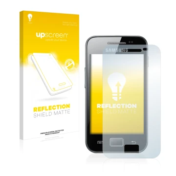 Parte frontale di una confezione del prodotto con il logo del marchio upscreen. Accanto è raffigurato il dispositivo Samsung G