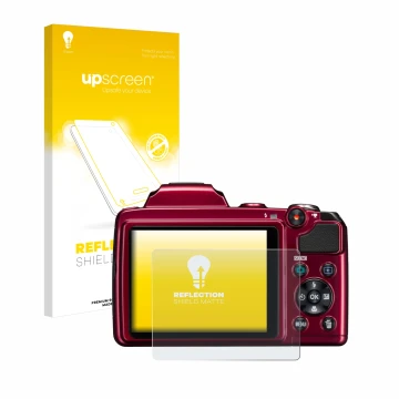 Parte frontale di una confezione del prodotto con il logo del marchio upscreen. Accanto è raffigurato il dispositivo Nikon Coo