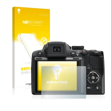 Parte frontale di una confezione del prodotto con il logo del marchio upscreen. Accanto è raffigurato il dispositivo Nikon Coo