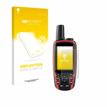 Parte frontale di una confezione del prodotto con il logo del marchio upscreen. Accanto è raffigurato il dispositivo Garmin As