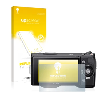 Parte frontale di una confezione del prodotto con il logo del marchio upscreen. Accanto è raffigurato il dispositivo Sony Alph