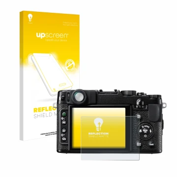 Parte frontale di una confezione del prodotto con il logo del marchio upscreen. Accanto è raffigurato il dispositivo Fujifilm 