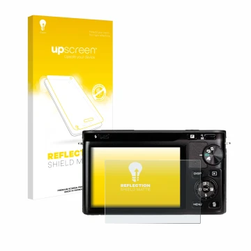 Parte frontale di una confezione del prodotto con il logo del marchio upscreen. Accanto è raffigurato il dispositivo Nikon 1 J