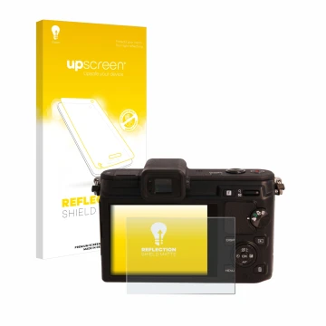 Parte frontale di una confezione del prodotto con il logo del marchio upscreen. Accanto è raffigurato il dispositivo Nikon 1 V