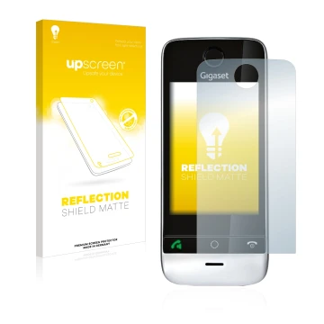 Parte frontale di una confezione del prodotto con il logo del marchio upscreen. Accanto è raffigurato il dispositivo Gigaset S