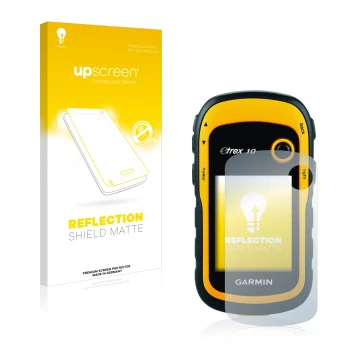 Parte frontale di una confezione del prodotto con il logo del marchio upscreen. Accanto è raffigurato il dispositivo Garmin eT