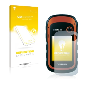 Parte frontale di una confezione del prodotto con il logo del marchio upscreen. Accanto è raffigurato il dispositivo Garmin eT