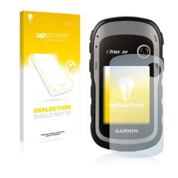 Parte frontale di una confezione del prodotto con il logo del marchio upscreen. Accanto è raffigurato il dispositivo Garmin eT