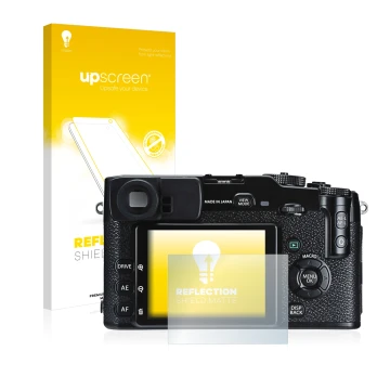 Parte frontale di una confezione del prodotto con il logo del marchio upscreen. Accanto è raffigurato il dispositivo Fujifilm 