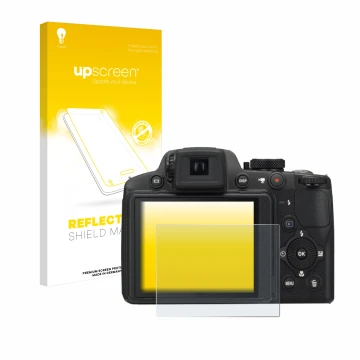 Parte frontale di una confezione del prodotto con il logo del marchio upscreen. Accanto è raffigurato il dispositivo Nikon Coo