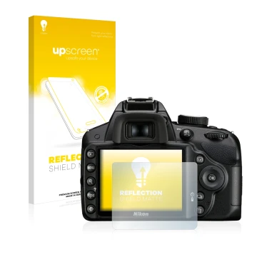 Parte frontale di una confezione del prodotto con il logo del marchio upscreen. Accanto è raffigurato il dispositivo Nikon D32