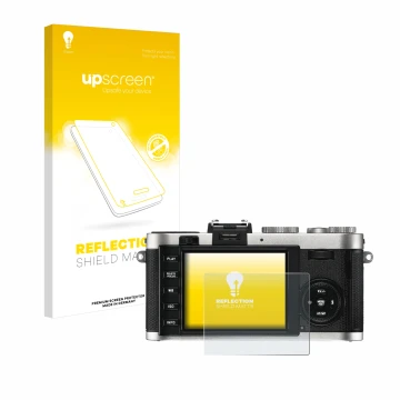 Parte frontale di una confezione del prodotto con il logo del marchio upscreen. Accanto è raffigurato il dispositivo Leica X2 