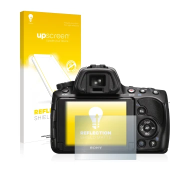 Parte frontale di una confezione del prodotto con il logo del marchio upscreen. Accanto è raffigurato il dispositivo Sony Alph