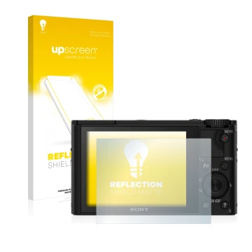 Parte frontale di una confezione del prodotto con il logo del marchio upscreen. Accanto è raffigurato il dispositivo Sony Cybe