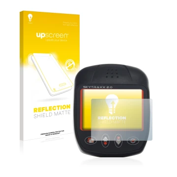 Parte frontale di una confezione del prodotto con il logo del marchio upscreen. Accanto è raffigurato il dispositivo Skytraxx 