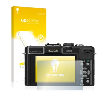 Parte frontale di una confezione del prodotto con il logo del marchio upscreen. Accanto è raffigurato il dispositivo Panasonic