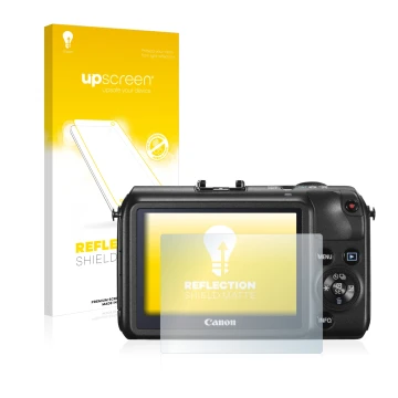 Parte frontale di una confezione del prodotto con il logo del marchio upscreen. Accanto è raffigurato il dispositivo Canon EOS