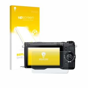 Parte frontale di una confezione del prodotto con il logo del marchio upscreen. Accanto è raffigurato il dispositivo Sony Alph