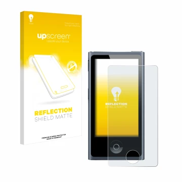 Parte frontale di una confezione del prodotto con il logo del marchio upscreen. Accanto è raffigurato il dispositivo Apple iPo