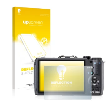 Parte frontale di una confezione del prodotto con il logo del marchio upscreen. Accanto è raffigurato il dispositivo Pentax Q1