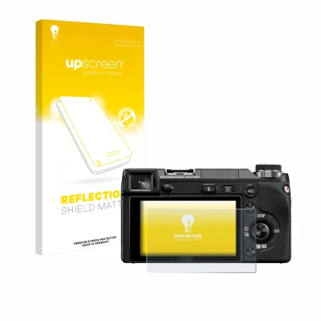 Parte frontale di una confezione del prodotto con il logo del marchio upscreen. Accanto è raffigurato il dispositivo Sony Alph