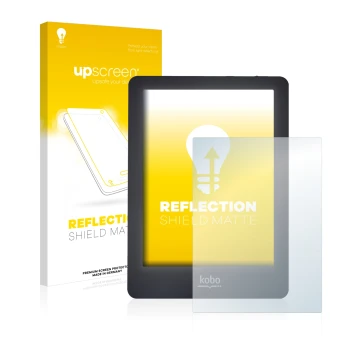 Parte frontale di una confezione del prodotto con il logo del marchio upscreen. Accanto è raffigurato il dispositivo Kobo Glo 