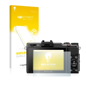 Parte frontale di una confezione del prodotto con il logo del marchio upscreen. Accanto è raffigurato il dispositivo Olympus S
