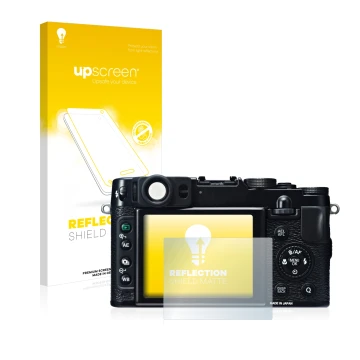 Parte frontale di una confezione del prodotto con il logo del marchio upscreen. Accanto è raffigurato il dispositivo Fujifilm 