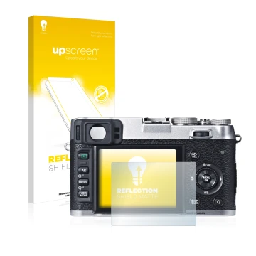 Parte frontale di una confezione del prodotto con il logo del marchio upscreen. Accanto è raffigurato il dispositivo Fujifilm 