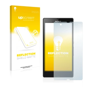 Parte frontale di una confezione del prodotto con il logo del marchio upscreen. Accanto è raffigurato il dispositivo Sony Xper