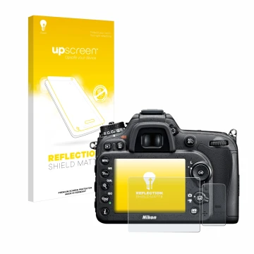 Parte frontale di una confezione del prodotto con il logo del marchio upscreen. Accanto è raffigurato il dispositivo Nikon D71